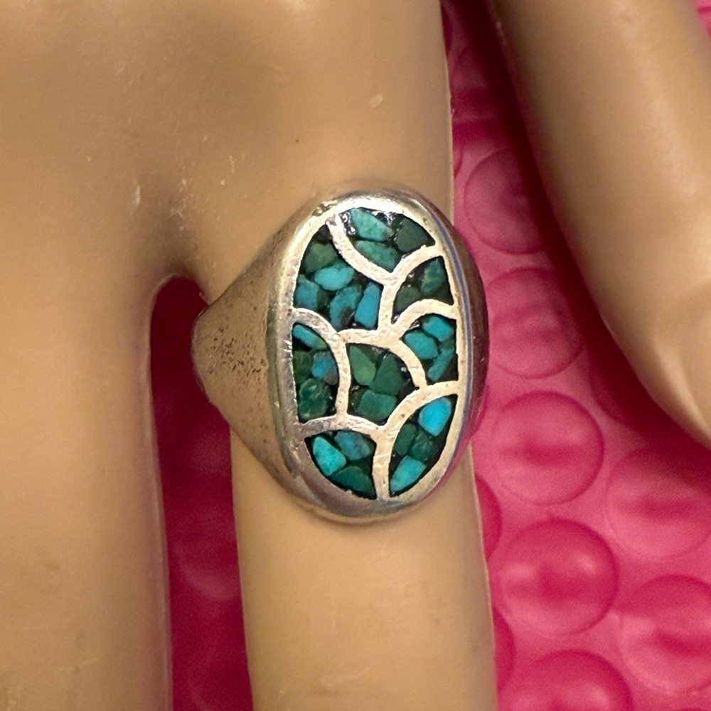 Sterling silver Turquoise inlay vintage ring s 7 hand made